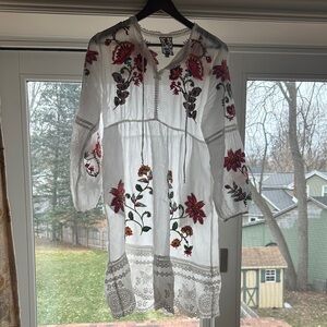 Johnny Was White Dress with Red and Pink Floral Embroidery